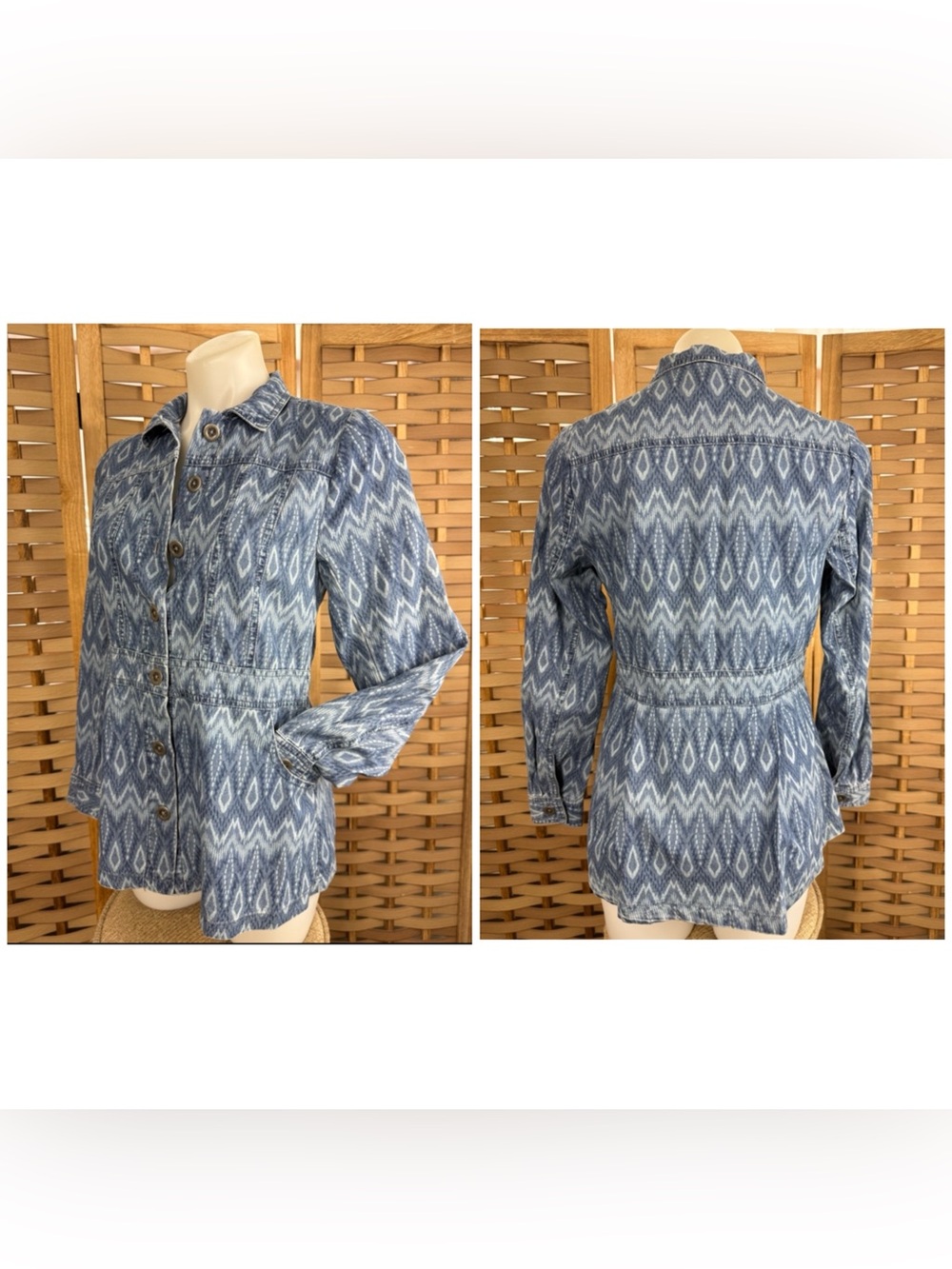 DG2 by Diane Gilman QVC Chambray Denim Blue Ikat Print Button Down Shirt Jacket